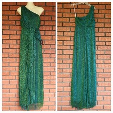 Lulus Glamorous Glitz Shiny Teal Green One-Shoulder Maxi Dress Sz XS Metallic