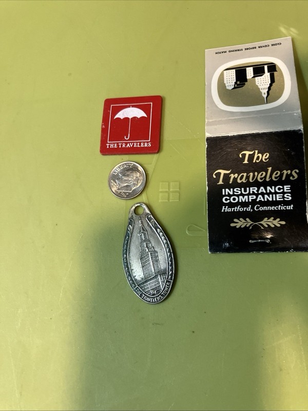 Vintage Travelers Insurance lot:  Key tag, matchbook and car pool token