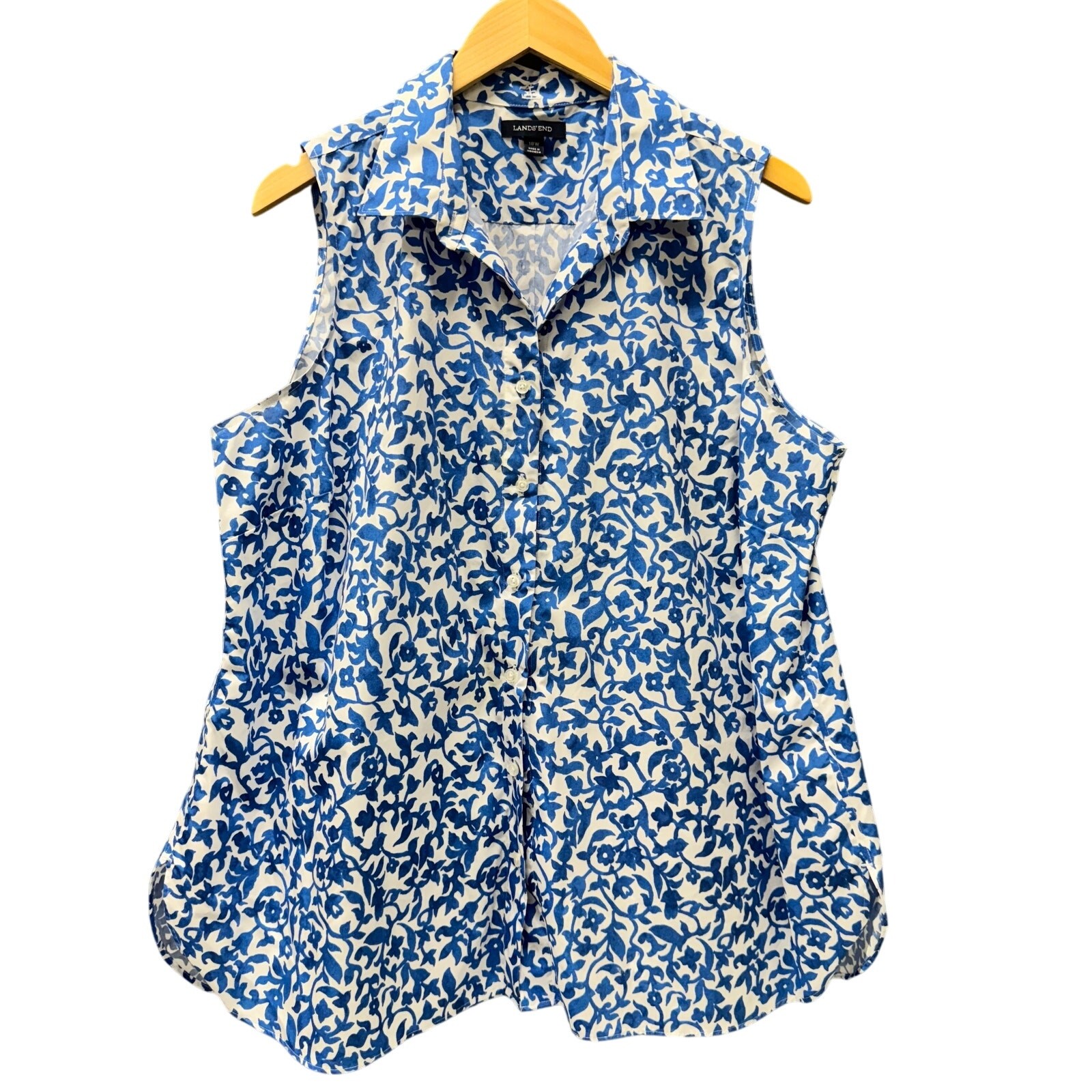 Lands End Shirt Womens 18W Sleeveless Button Up Cotton Coastal White Blue Floral