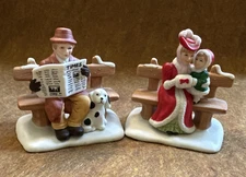 Lefton 1991 Colonial Village 00222 Kevin w/ Sparky  & 00215 Carol & Amy on Bench