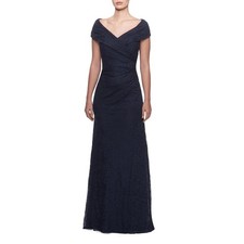 La Femme Navy Blue Lace Portrait Neck Formal Gown 27982 Size 12