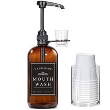 Amber Glass Mouthwash Dispenser for Bathroom with Reusable Cups Holder