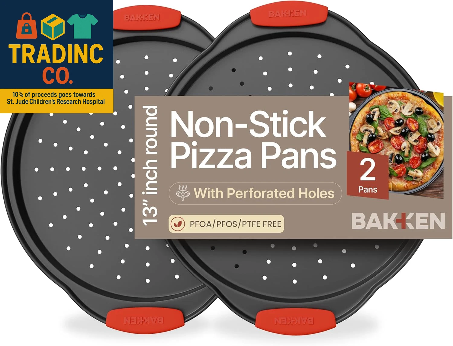 Pizza Tray – 2 round with Silicone Handles – Carbon Steel Pizza Pan with Holes a