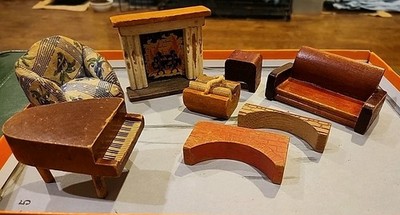 1940's Wood Dollhouse Furniture Lot Of 8 pcs Kage Fireplace Nancy Forbes Couch 