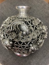 Hand Made Tibetan Silver Hollow-Out Vase W/Goldfish & Ancient Coins Ornament