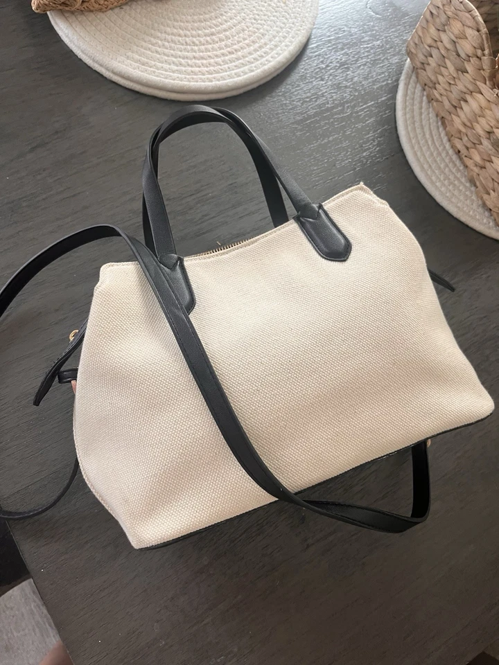 Canvas Tote Handbag with Black Leather Trim Structured Crossbody Shoulder Bag - Image 2 of 4