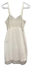 Vintage VTG Ivory Lace Scallop Slip Dress Nightgown 30 Small Adjust Straps Slit