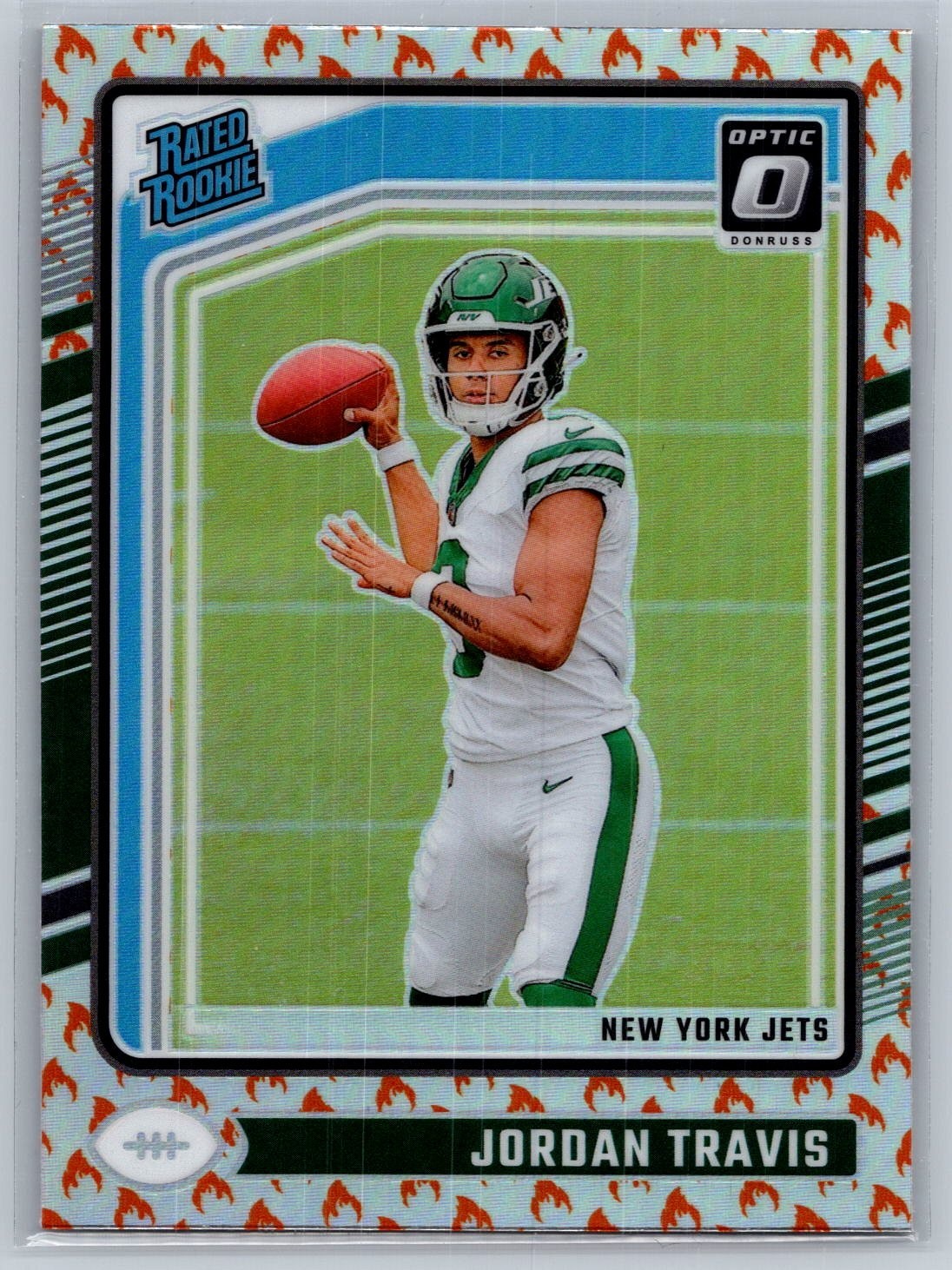 2024 panini donruss optic football jordan travis fire prizm rookie card #260