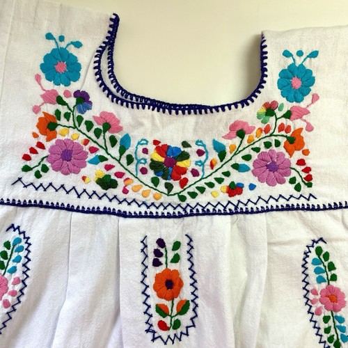 Mexican Dress SZ 6 Girls Handmade Boho White Floral Embroidery Puebla - Picture 2 of 10