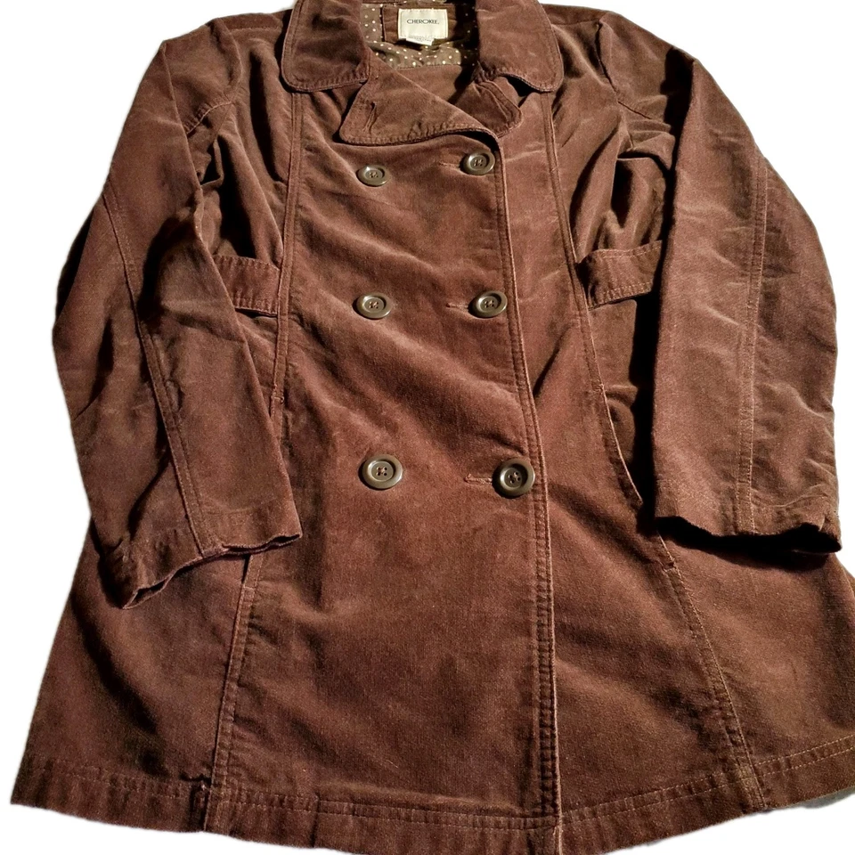 复古切诺基女式灯芯绒丝绒豌豆外套 XL 码 14/16 棕色 Y2K Couture — 第 3/4 张图片