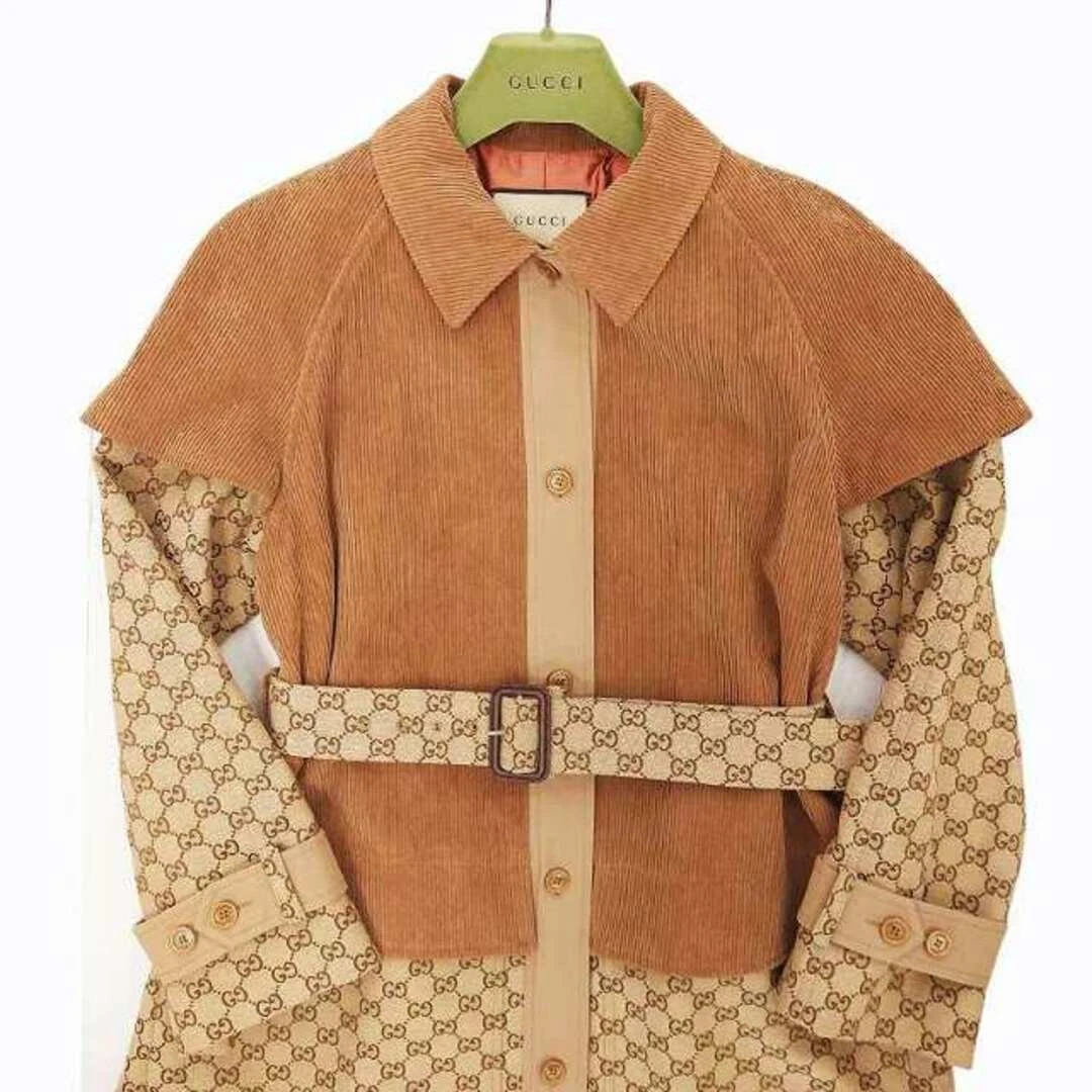 Gucci 23AW Velluto a coste e GG Jacquard Trench Coat Monogram Giacca Cintura Lunga U