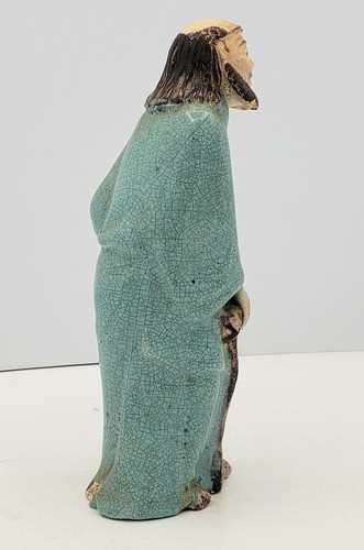 Rare Antique Chinese Mud Man Old Ceramic Figurine in a Blue Robe Holding Bottle - Picture 5 of 11