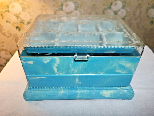 VINTAGE HOMMER MFG CO-MARBLED BLUE PLASTIC JEWELRY BOX - Picture 3 of 11
