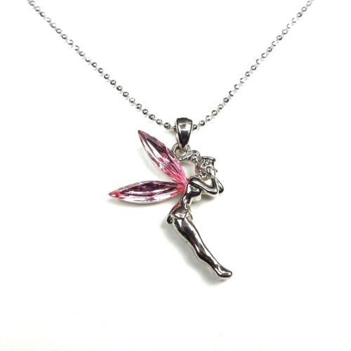 Disney Tinkerbell Fairy Pink Crystal Wing Pendant and Necklace Rhodium Plated  - Picture 1 of 3