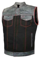 Hunt Club US Flag Mens Croc Leather Denim Vest Motorcycle Biker Concealed Carry