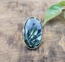 Unique Seraphinite Gemstone Ring 925 Sterling Silver Promise Gift Simple Ring