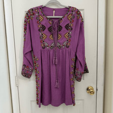 Free People Embroidered Linen Dress Tunic Size XS Purple Tie Front Embellished