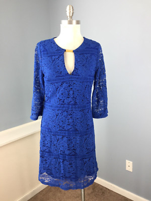 Tacera Royal Blue Lace Overlay Dress S keyhole 3/4 sleeve Shift | eBay
