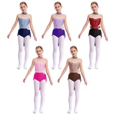 Kids Girls Dress Color Block Leotard Mesh Bodysuit Ballet Dancewear Modern Jazz