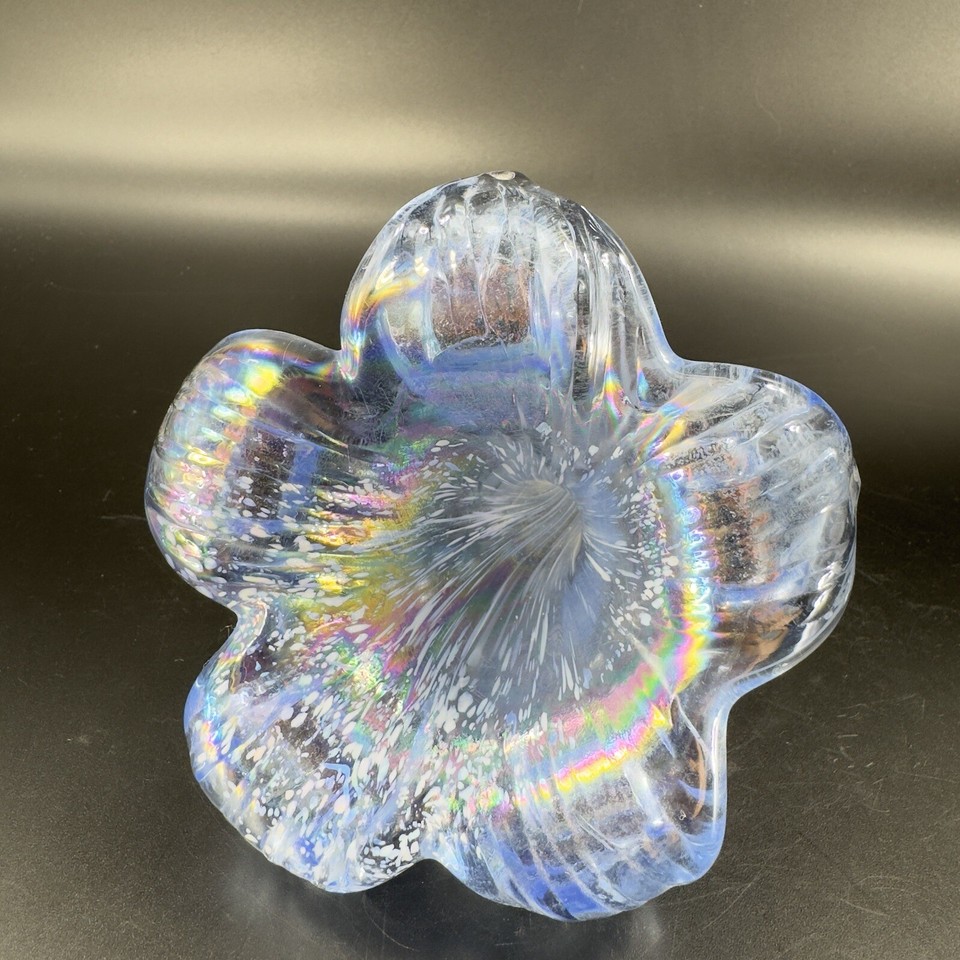 Iridescent Light Blue Art Glass Flower Glass Decor Vintage Glassware