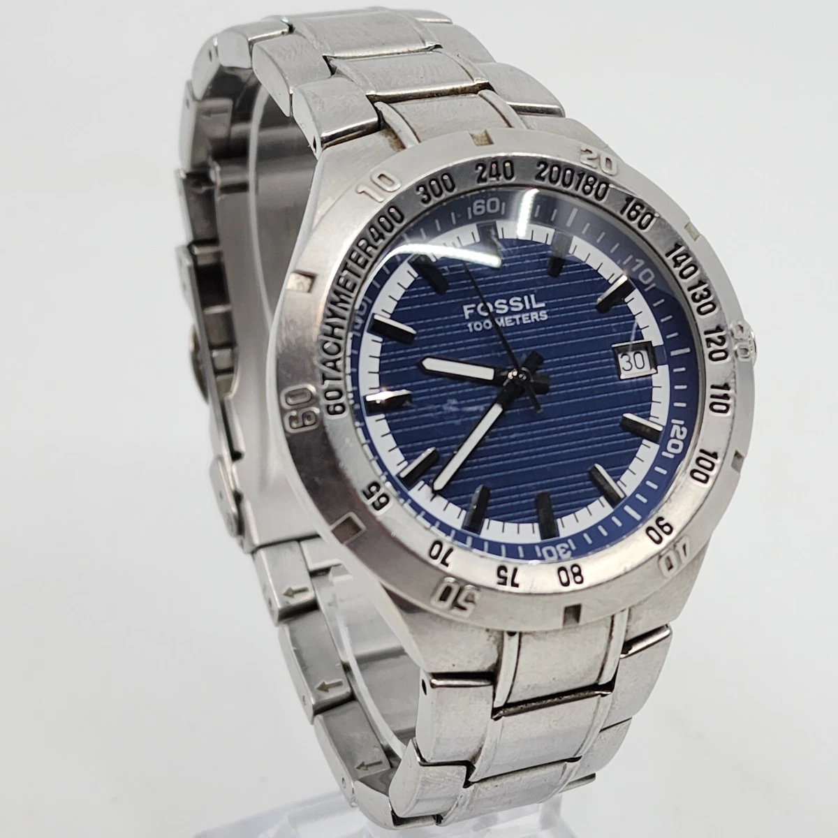 Fossil Blue 100M Quartz Date Mens Watch AM 3898 Stainless Bracelet