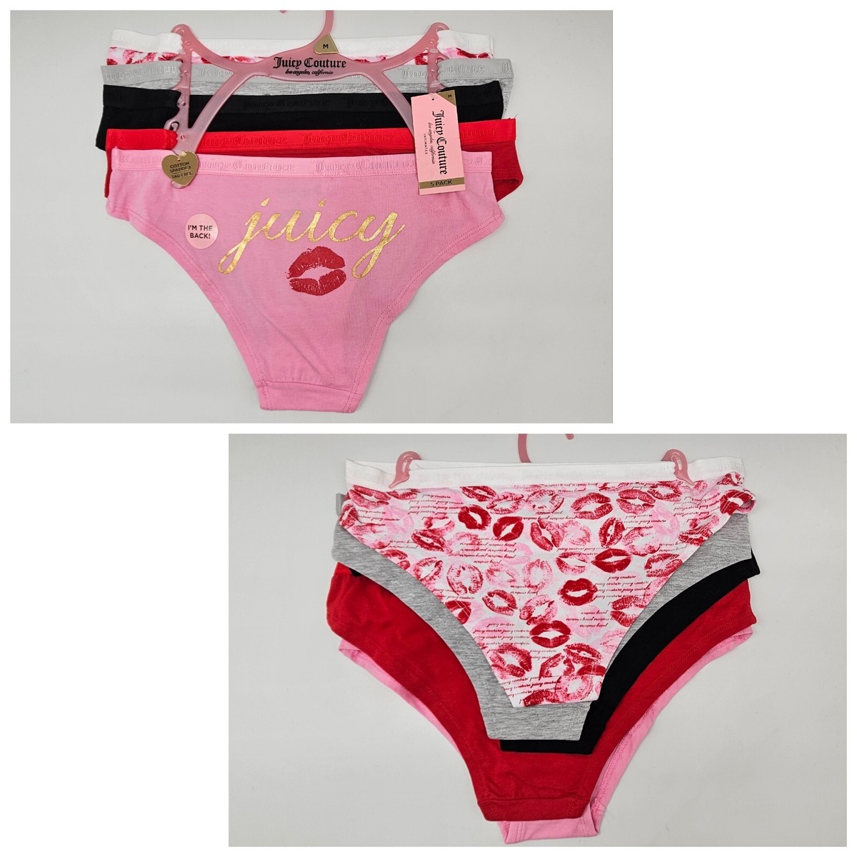 JUICY COUTURE 5 Pack Womens M L XL Cotton Logo Panties White Gray