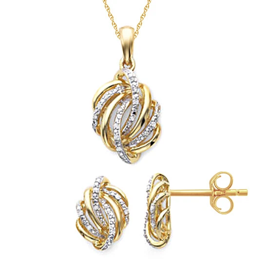 1 10CT Diamond Love Knot Pendant Necklace Earrgs Set 14K Gold