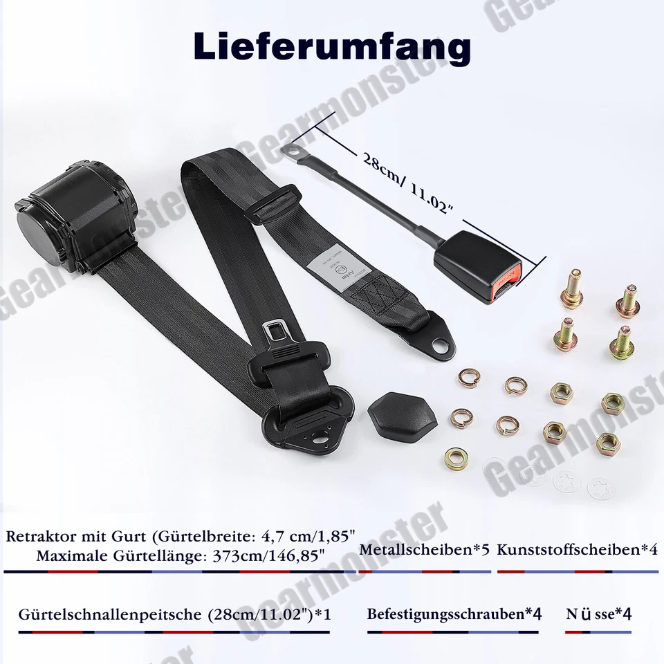 3 Punkt Automatikgurt Sicherheitsgurt Universal Gurtpeitsche 373cm  E Prüfung