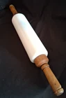 Vtg. Imperial Rolling Pin Milk Glass Wood Handles Cambridge OH-Embossed Logo