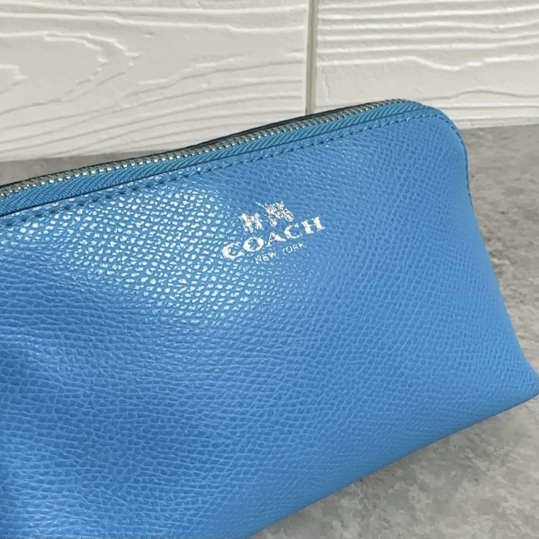 COACH Makeup Pouch Small Bag Blue Leather Logo Women's USED FROM