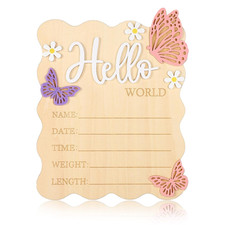 Baby Announcement Sign, Rectangle Wooden Hello World Baby Sign with Flower and B