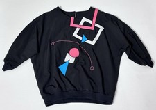 Vintage 1980s Batwing Geometric Graphic Top Black Pink Blue Pullover Nylon Blend