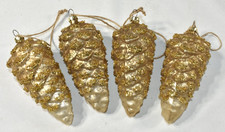 Set of 4 Gold Glitter Beads Blown Glass Pinecone 5" Christmas Tree Ornaments
