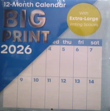 2026 BIG PRINT 12” X 12” Blue 12 Month SEALED Wall Calendar Organizer FREE S/H!