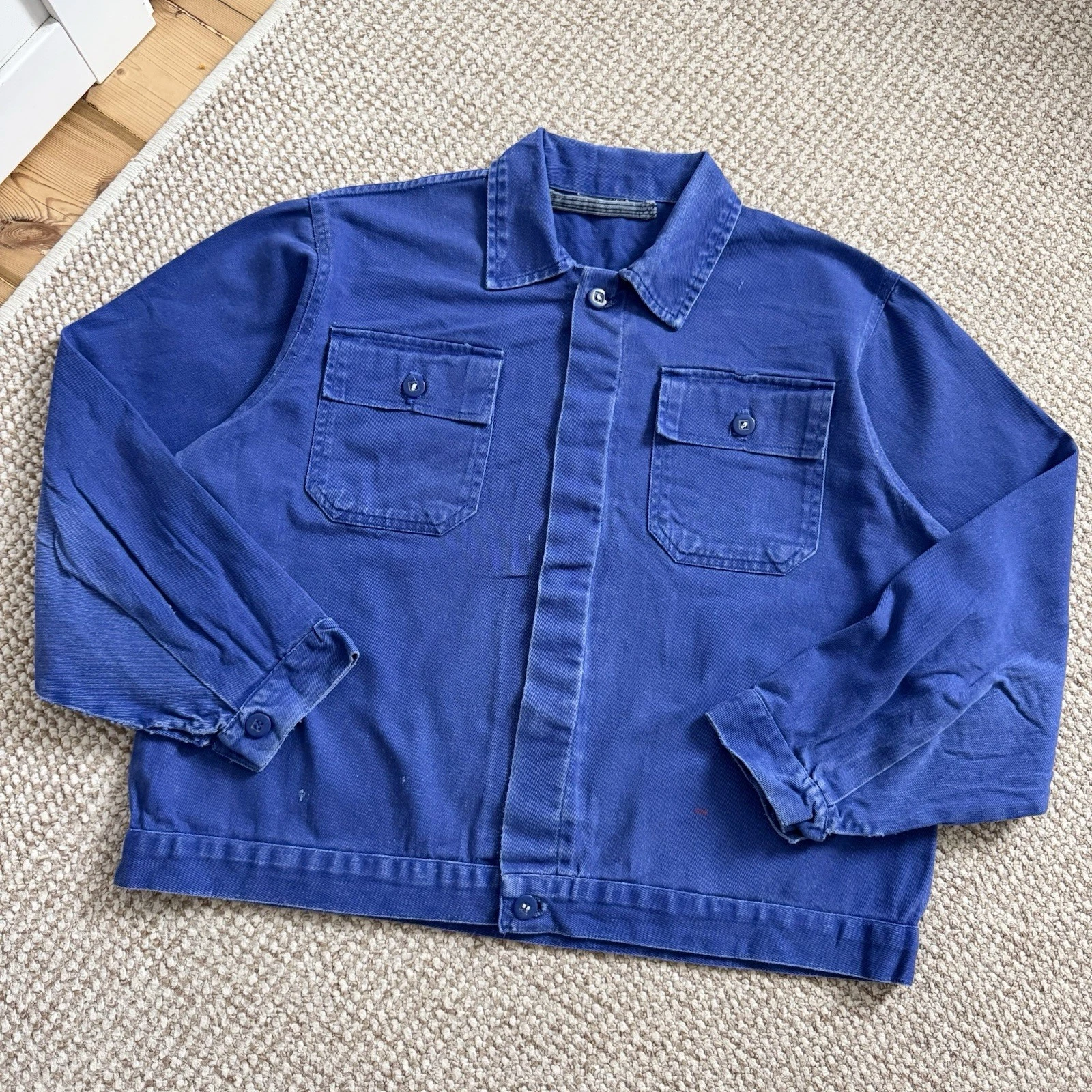 70-80s Vintage French Short Distressed Blue Boxy Fit Work Jacket Two Pockets