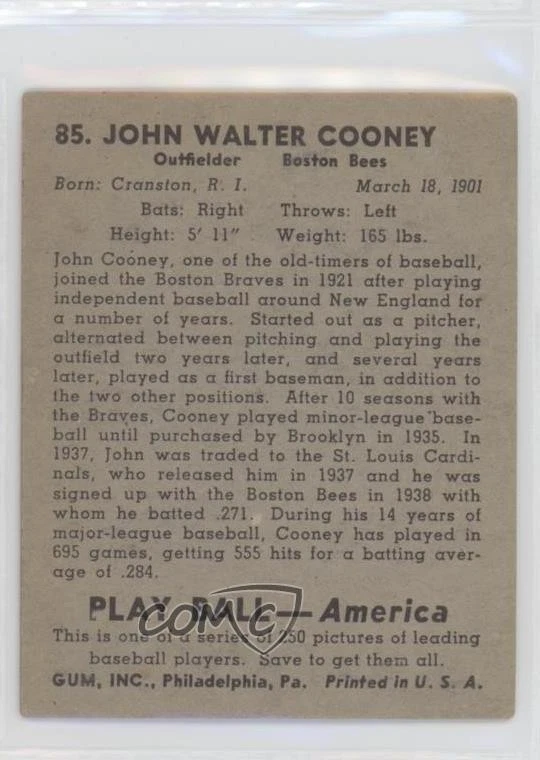 1939 Play Ball Johnny Cooney #85 Rookie RC - Image 2 of 2