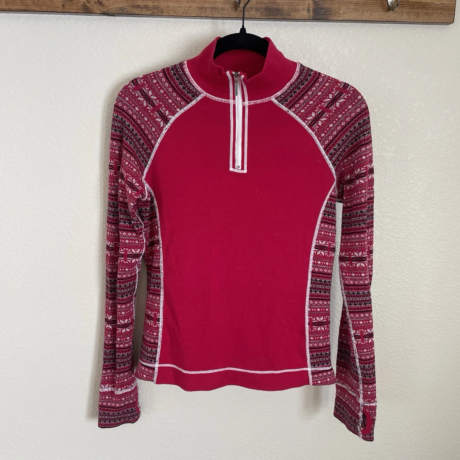 100% Merino Wool Fair Isle 1/4 Zip Baselayer Womens S Red Outdoor Hiking Camping