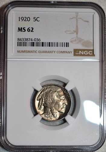 NGC MS-62 1920-P Buffalo Nickel, Blazing, Lightly Toned specimen.