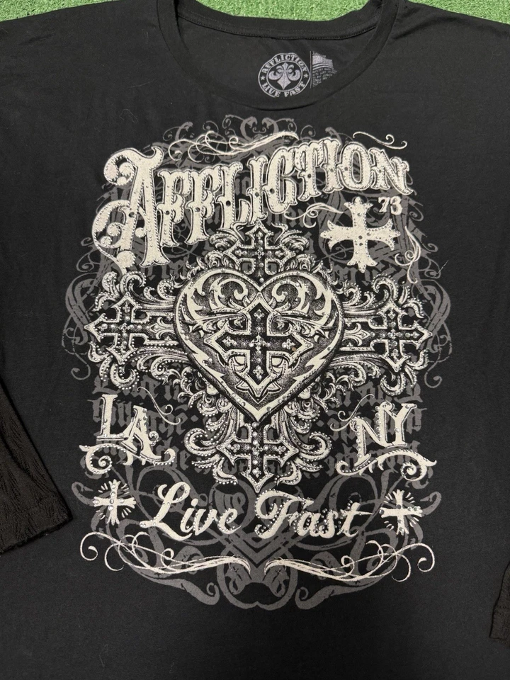 Camisa de mujer Affliction manga larga grande negra manga transparente estrás de colección Y2K Foto 2 de 4