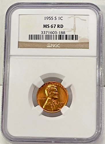1955-S LINCOLN CENT NGC MS 67 RD RED WHEAT PENNY