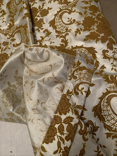 Vintage Flocked Drapes Gold Roses Pinched Pleats 84” - Picture 3 of 5
