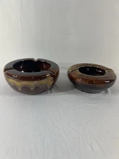 2 Brown Drip Ashtray Swirl Round Ceramic Glaze Finish America Made Vintage.