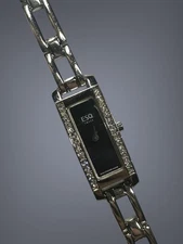 ESQ Swiss By Movado SS Black Dial Crystal Tank Slim Dainty Wrist Watch Chic