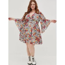 Betsey Johnson Ruffle Bell Sleeve Mini Dress - Crinkle Chiffon Leopard Floral 00