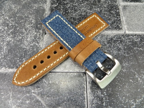 Nuevo 24mm GRAN CORREA DE CUERO DE LONA Azul Denim Correa de Reloj Blanca para PANERAI P - Imagen 4 de 7