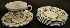 LOT of 7!     (1) Teacup, (6) Saucers. 10-sided Churchill ASSAM. Saucers: 5 3/4"