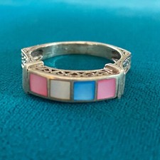 Vintage 925 Sterling Silver Multi Color Mother Of Pearl Inlay Band Ring SZ 9.75