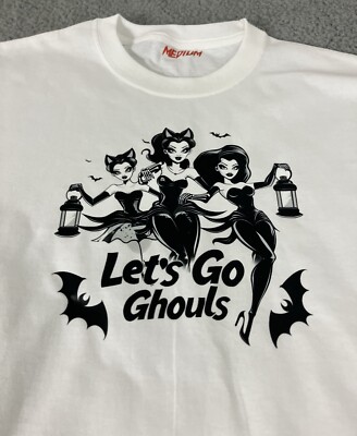 Let s Go Ghouls Ladies Halloween Party Trick O Treat White Tee Size Small