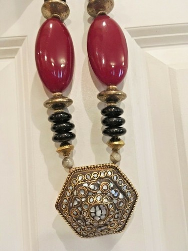 Red Resin Beads Necklace Bold TIBETAN Tribal FASHION Jewelry BOHO 36"L NEW - Picture 3 of 4