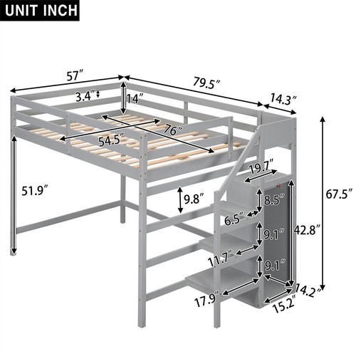 Full Size Loft Bed with Built-in Storage Wardrobe &Staircase for Kids Teens Gray - Picture 2 of 16